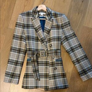 Jonathan Simkhai Plaid Belted Double-Breasted Blazer in Cream, Green & Black
